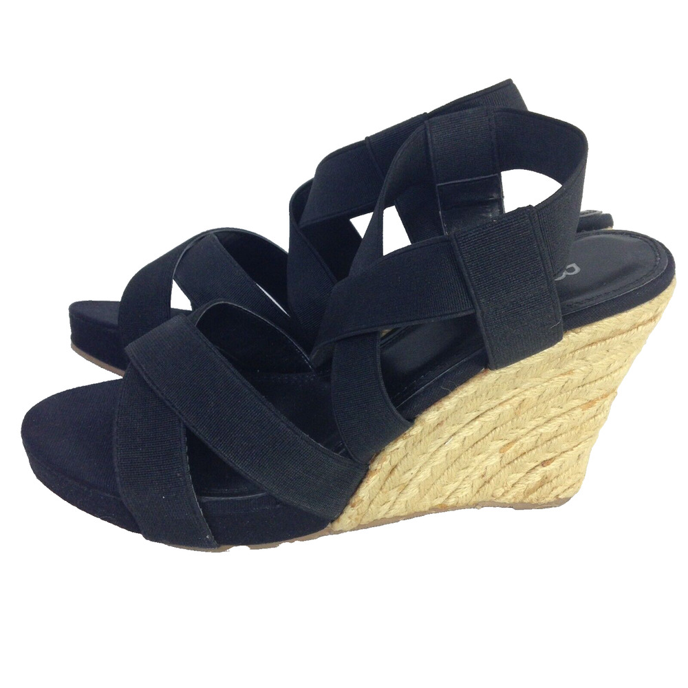 Bakers Espadrille Wedges Womens 8 Sally Black Beige Open Toe Sandel